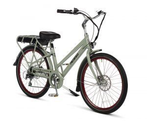 A green electric bike with a black seat and red wheels on a white background.