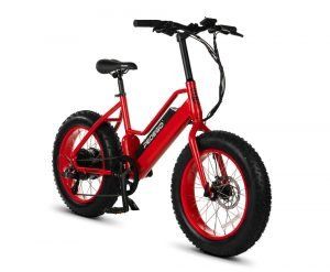 A red electric bike with big tires on a white background
