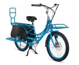 A blue bicycle with a black basket on the back is on a white background.