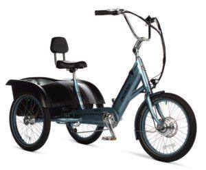 A tricycle with three wheels and a seat on a white background.
