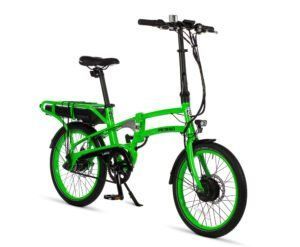 A green folding electric bike on a white background.