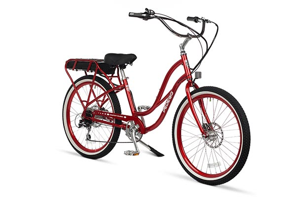 A red bicycle with a black seat on a white background.