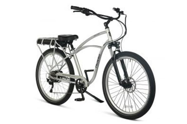 A silver bicycle with a black seat on a white background