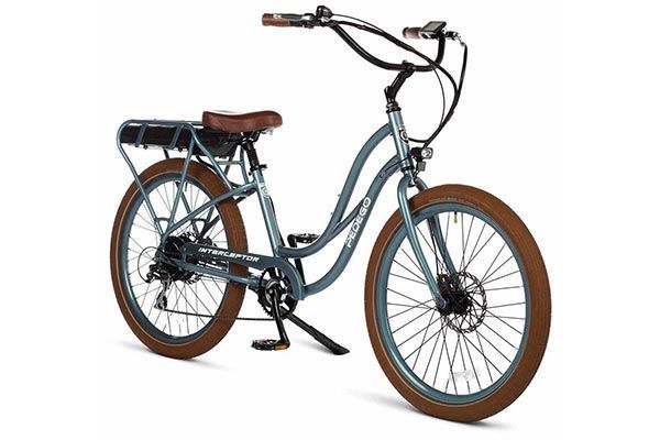 A blue bicycle with brown tires and a brown seat on a white background.