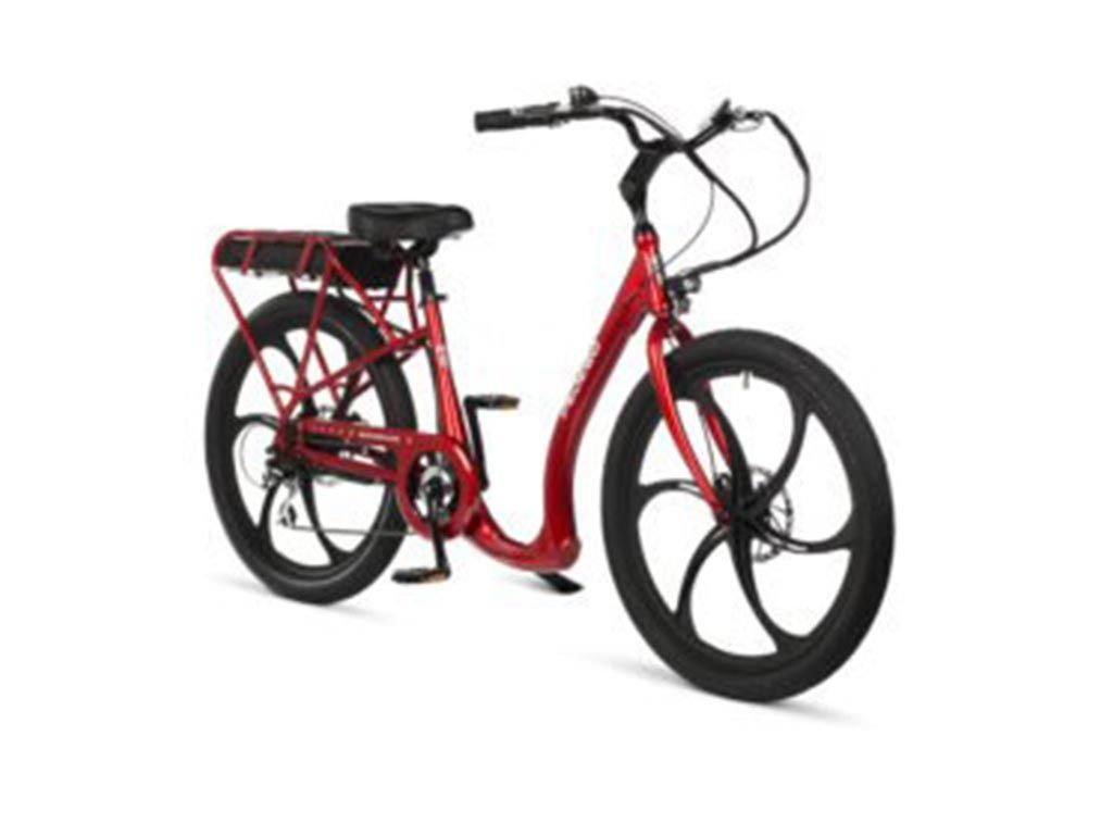 A red bicycle with a basket on the back is on a white background.