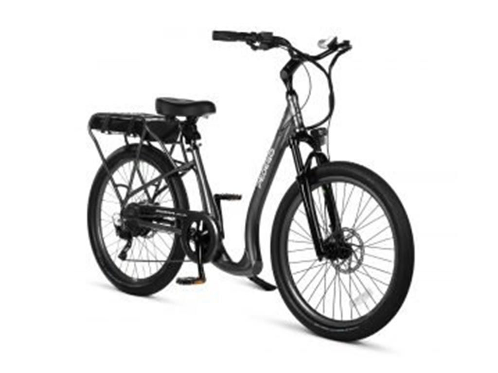 A black electric bike is sitting on a white surface.