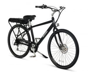 A black electric bike is sitting on a white surface.