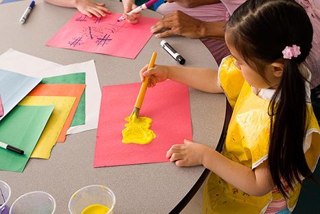 A little girl is painting a picture with yellow paint