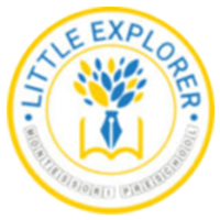 Logo for Little Explorer Montessori Preschool: blue and yellow circular design with a pen and open book icon.