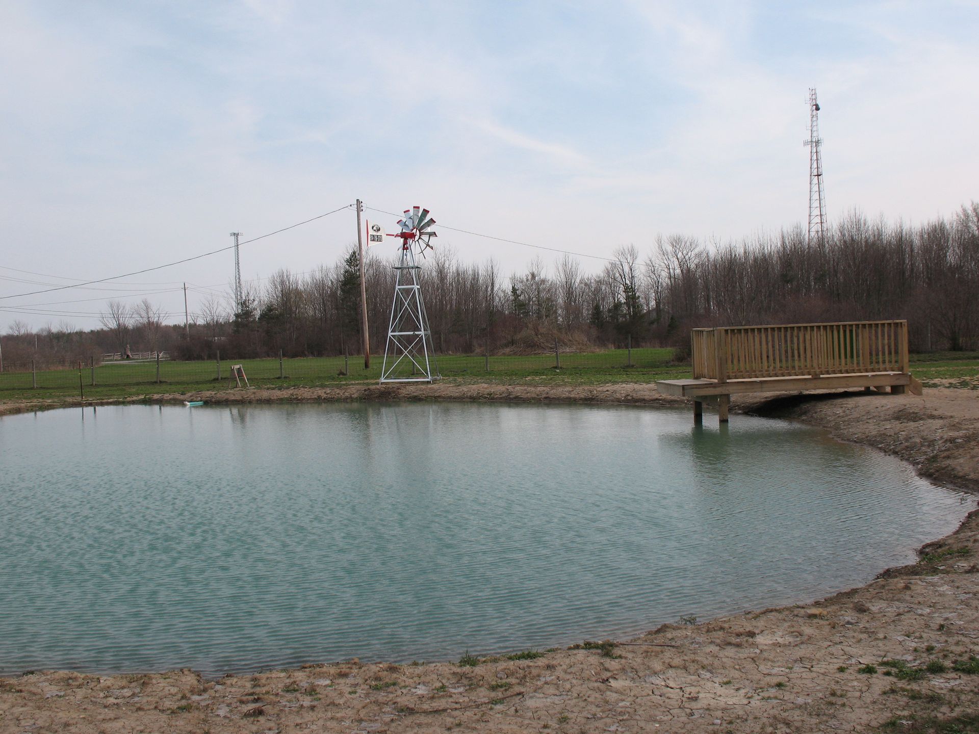 Pond with small wooden bridge, windmill, and antenna tower against a treeline under an overcast sky.