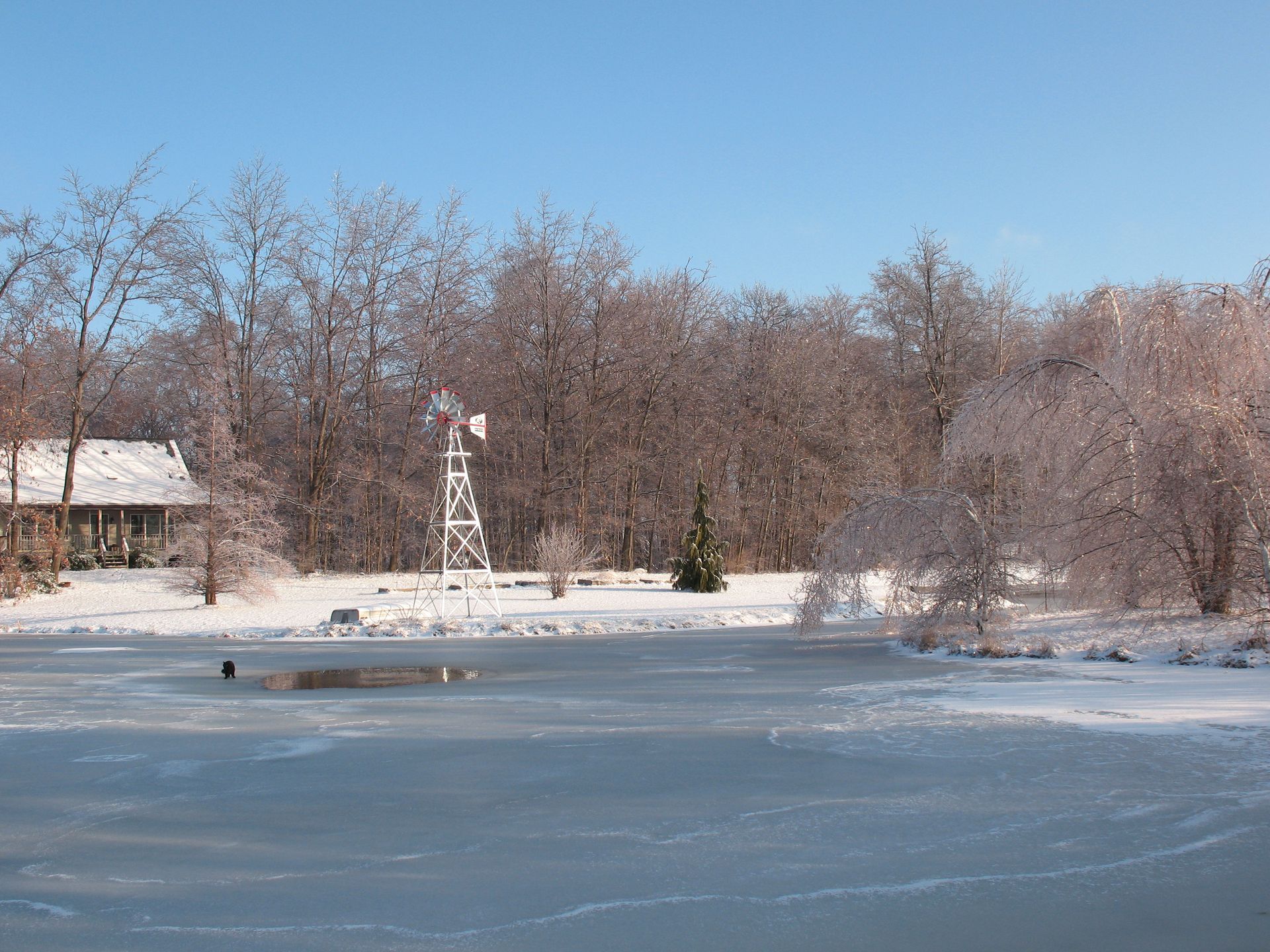Frozen lake with snow-covered landscape, trees, and a windmill under a clear blue sky.