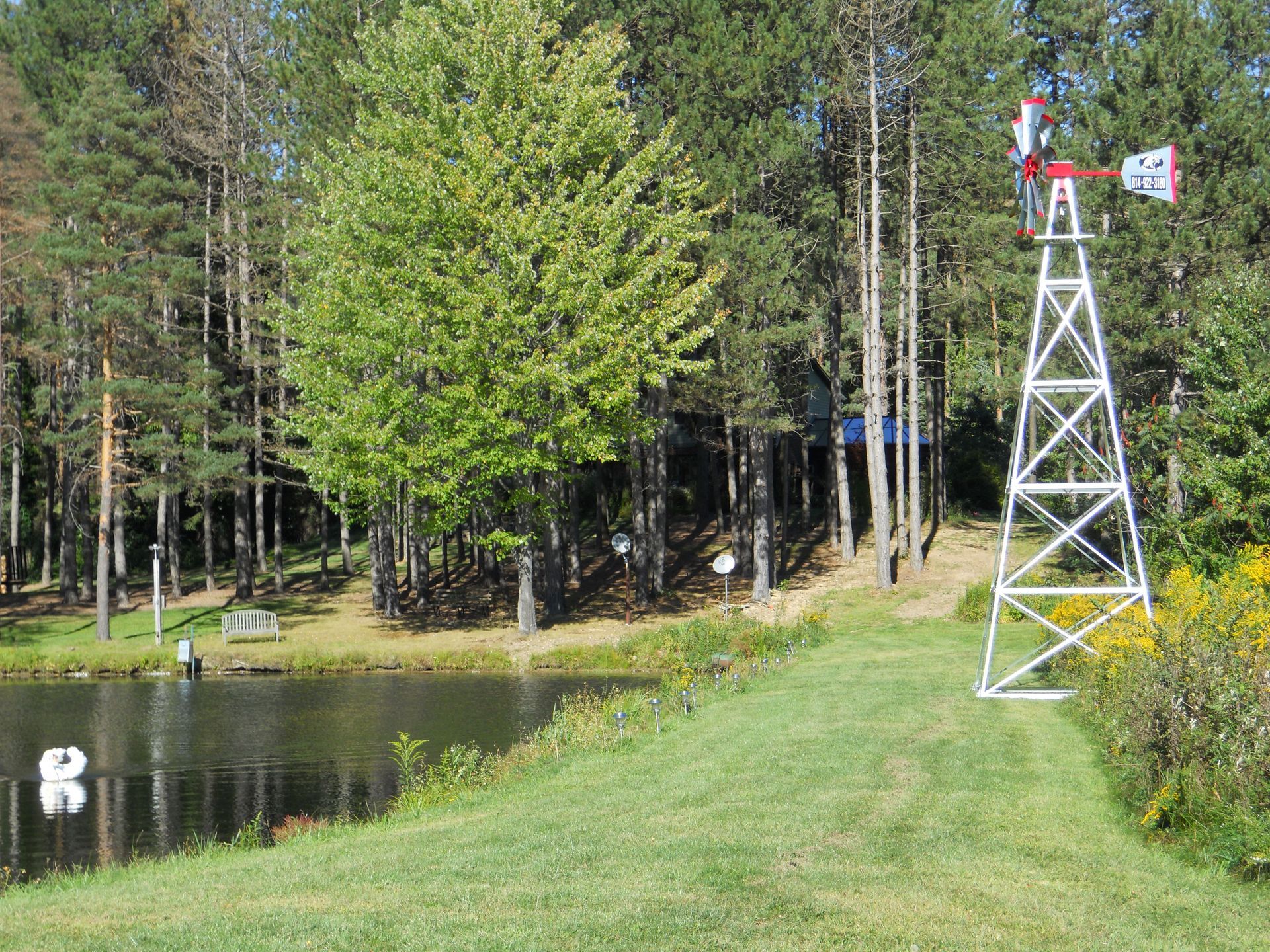 Windmill beside a small pond with a grassy bank, surrounded by trees.