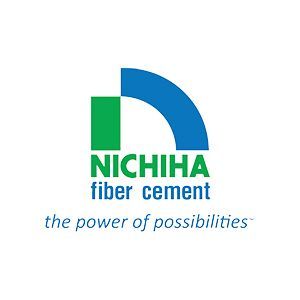 NICHIHA fiber cement logo with blue and green arch and tagline