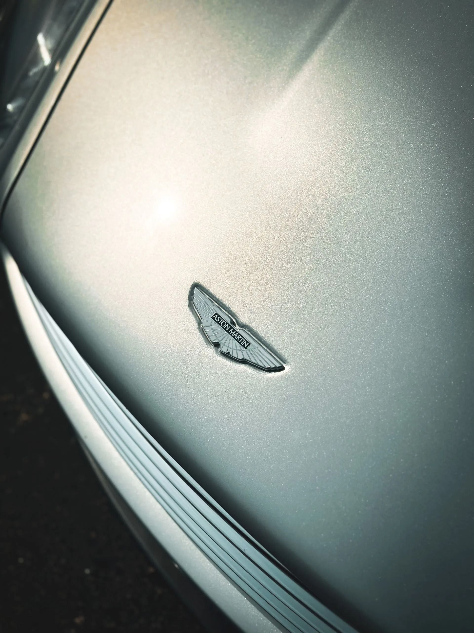 Silver Aston Martin car hood with winged logo.