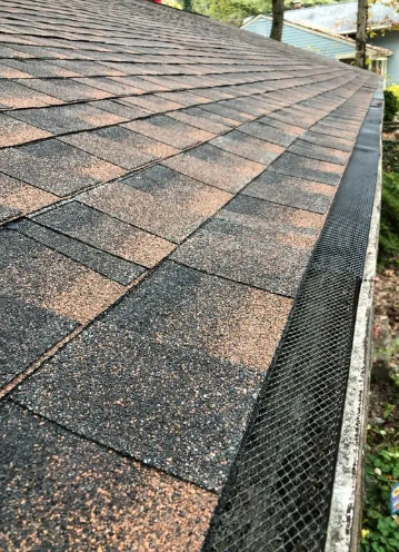 Close-up view of a roof with shingles and a gutter guard; brown and black colors.