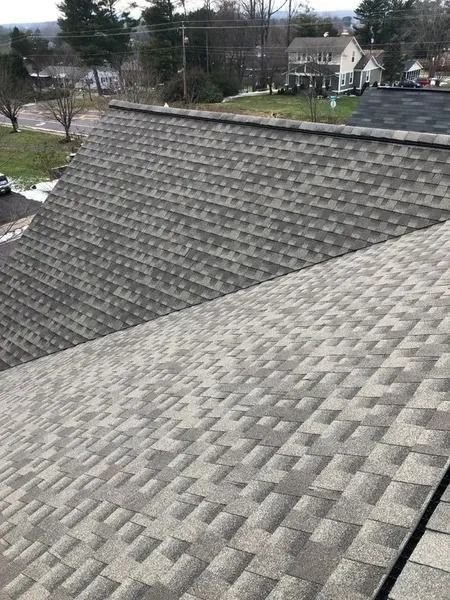 Gray asphalt shingle roof on a building, seen from an elevated angle, on a cloudy day.