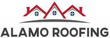 Alamo Roofing, red text on a white background.