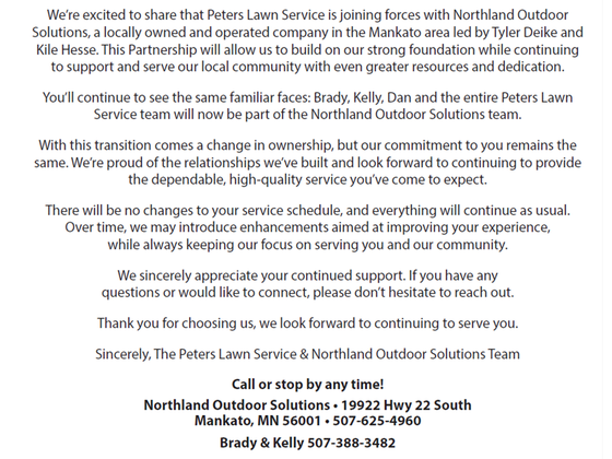 Letter on Northland Outdoor Solutions letterhead about service and assurance, with signature and contact details