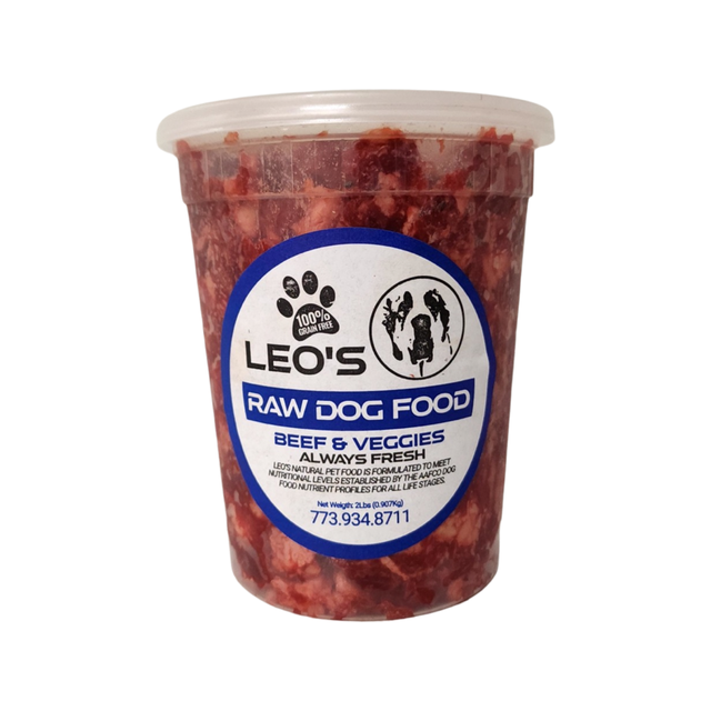 A container of leo 's raw dog food beef and veggies