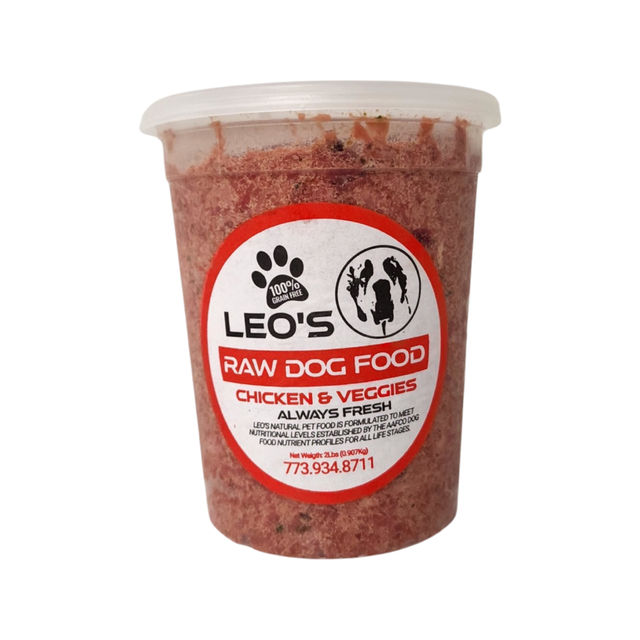 A container of leo 's raw dog food chicken and veggies
