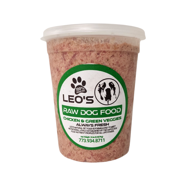 A container of leo 's raw dog food chicken green veggies