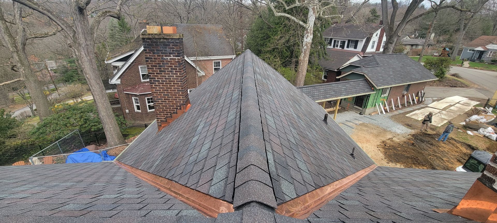 An aerial view of a roof of a house under construction.