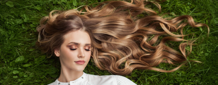 A person with long, wavy blonde hair lying peacefully on green grass, eyes closed, wearing a white shirt.