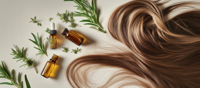 A lock of long brown hair arranged next to sprigs of fresh rosemary and small glass dropper bottles of essential oil.