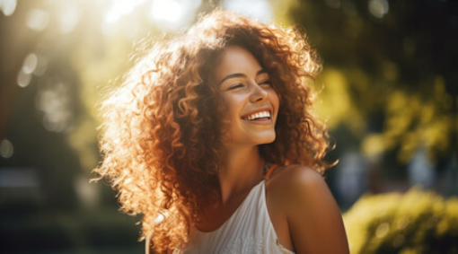 A smiling person with voluminous curly hair standing outdoors in warm, golden sunlight.