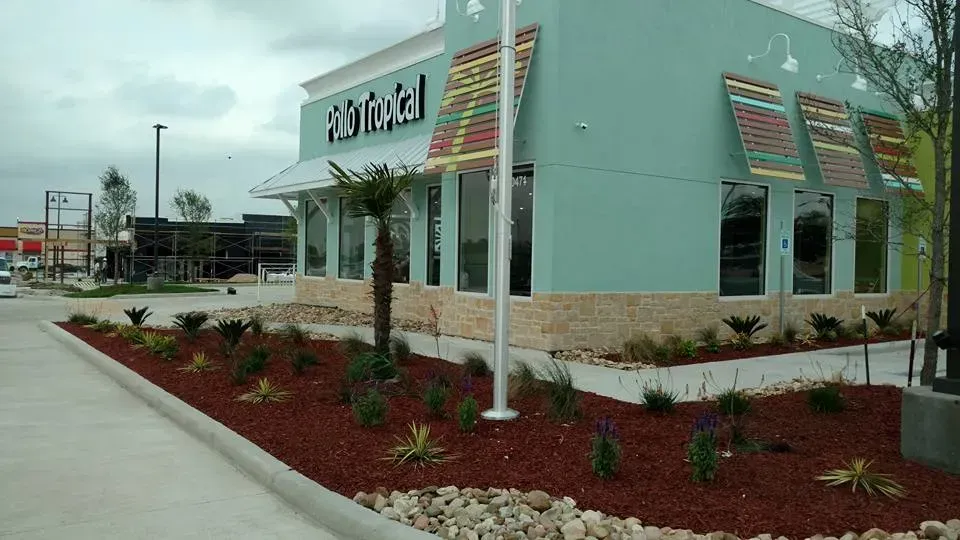 Exterior of a Bahama Buck's restaurant with a teal facade, tan stone base, and landscaping in front.