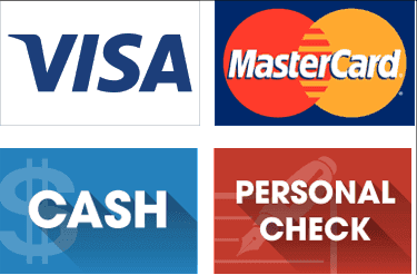Visa, MasterCard, Diner's Club, Cash, Personal Check, Amazon, and PayPal