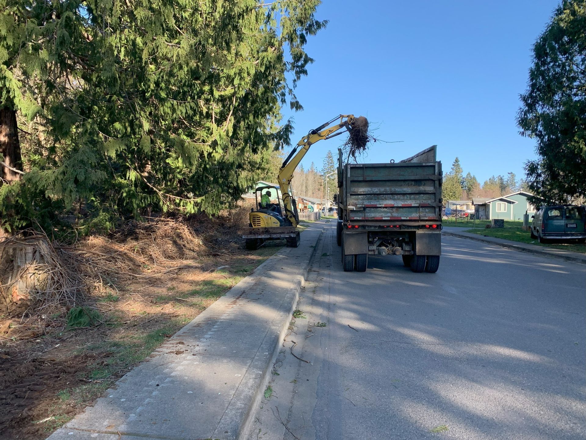 An excavator loads a dump truck with wood debris on a residential street.