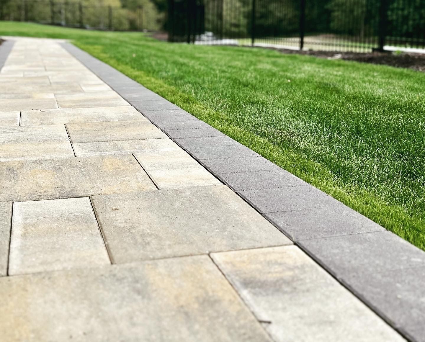 Stone paver walkway with a gray border alongside a green lawn.