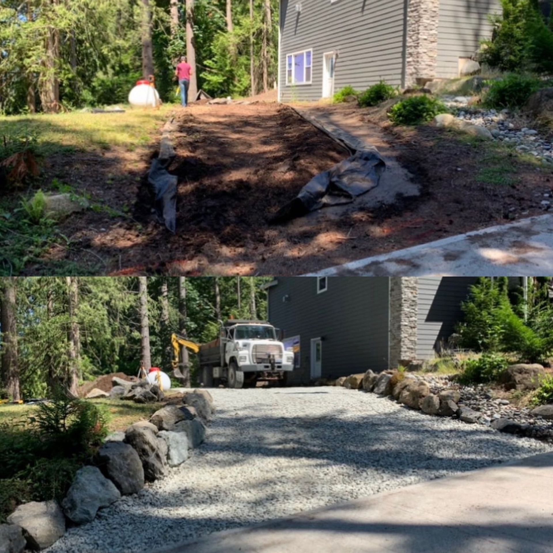 Top: Dirt driveway under construction. Bottom: Gravel driveway with large rock borders. Truck parked.