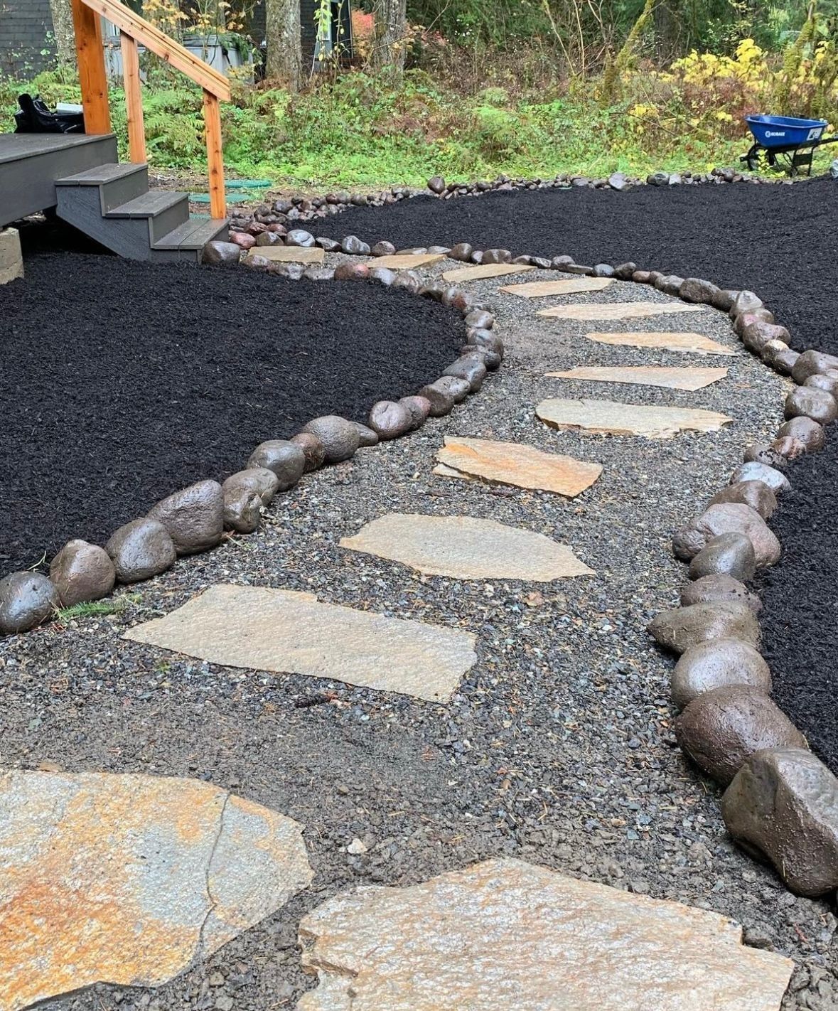 Stone pathway through a yard, bordered by rocks, leading towards a wooden staircase.