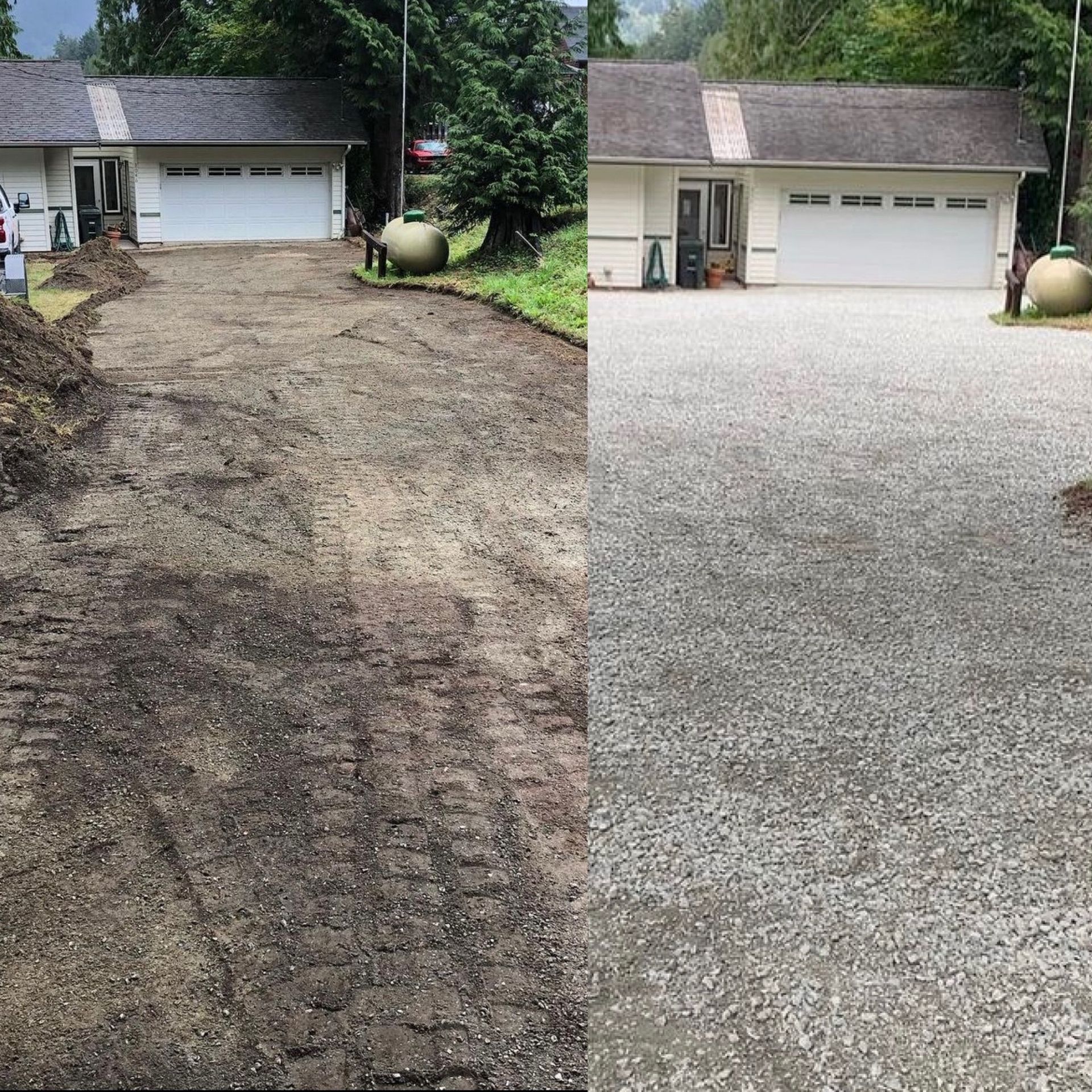 Driveway before and after gravel resurfacing; house and garage visible.