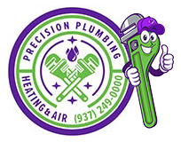 Logo for Precision Plumbing: a cartoon wrench with a thumbs up, wearing a purple hat. The logo contains text and crossed wrenches.