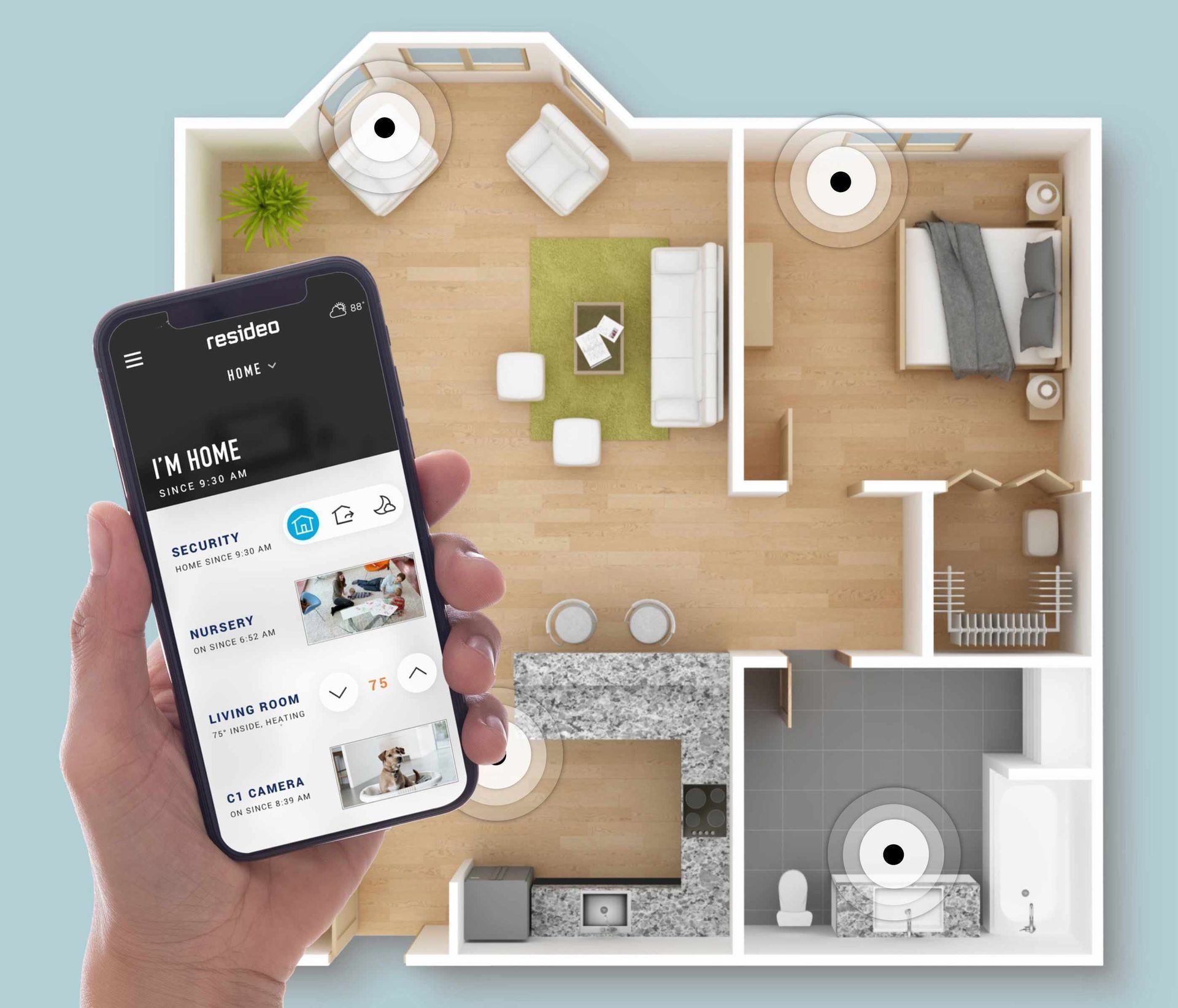 A person holding a phone showing a smart home app, with a floor plan view of a home's layout.