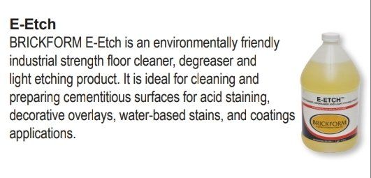 A bottle of brickform e-etch is an environmentally friendly industrial strength floor cleaner degreaser and light etching product