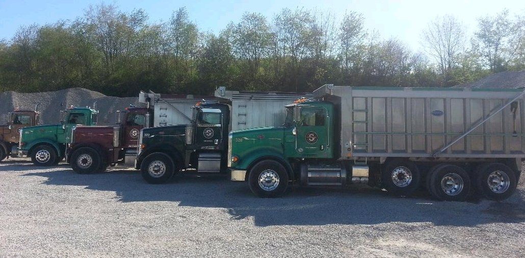 Three dump trucks are parked next to each other in a gravel lot.