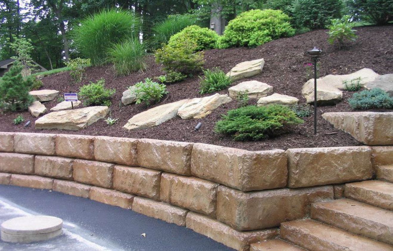 A stone wall with stairs leading up to it surrounded by plants and rocks
