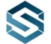 A blue, geometric hexagon icon featuring a stylized letter