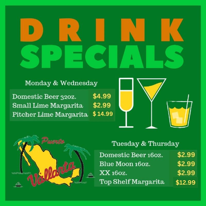 A green sign that says drink specials on it