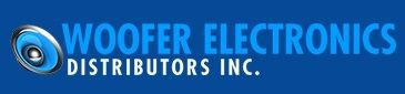 A blue logo for woofer electronics distributors inc.