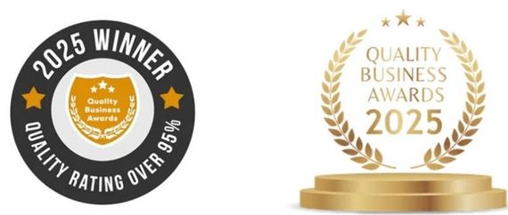 Two 2025 Quality Business Awards badges in black, gold, and white with laurel leaf and shield icons.