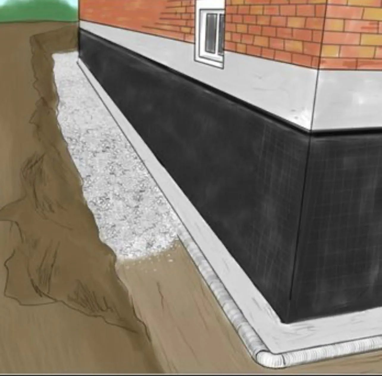 A drawing of a brick house with a black foundation