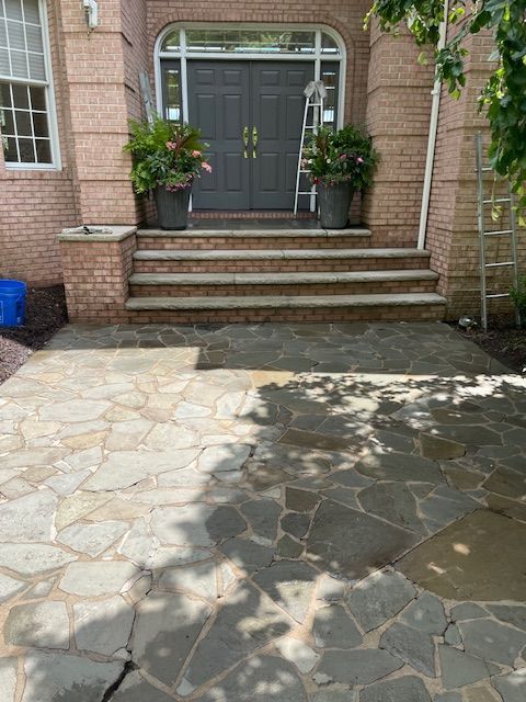 Stone walkway leading to a house with steps and double front doors, potted plants on the steps.