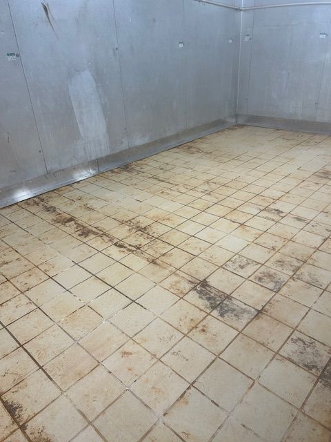 Tiled floor of an empty room, stained and dirty. Walls are light gray.