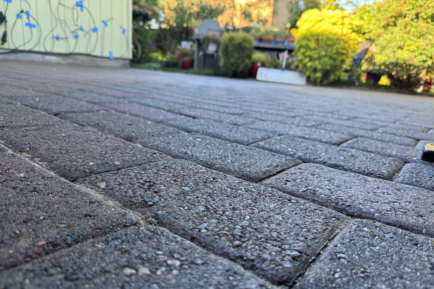 Low-angle view of a paved brick driveway with garden plants and a wall in the background