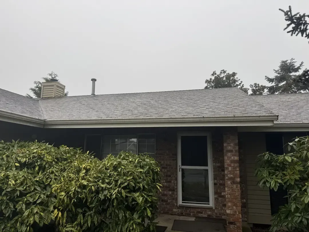 Single-story house with gray roof, brick exterior, and overgrown hedge under a cloudy sky